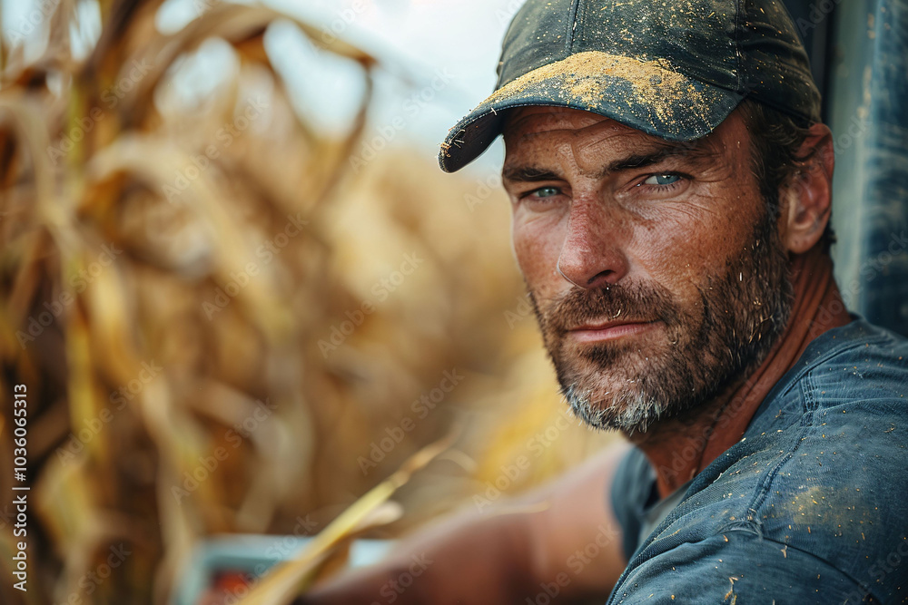 A man sits in a cornfield, surrounded by tall stalks ready for harvest. His serious expression reflects the hard work and dedication of the farming season.