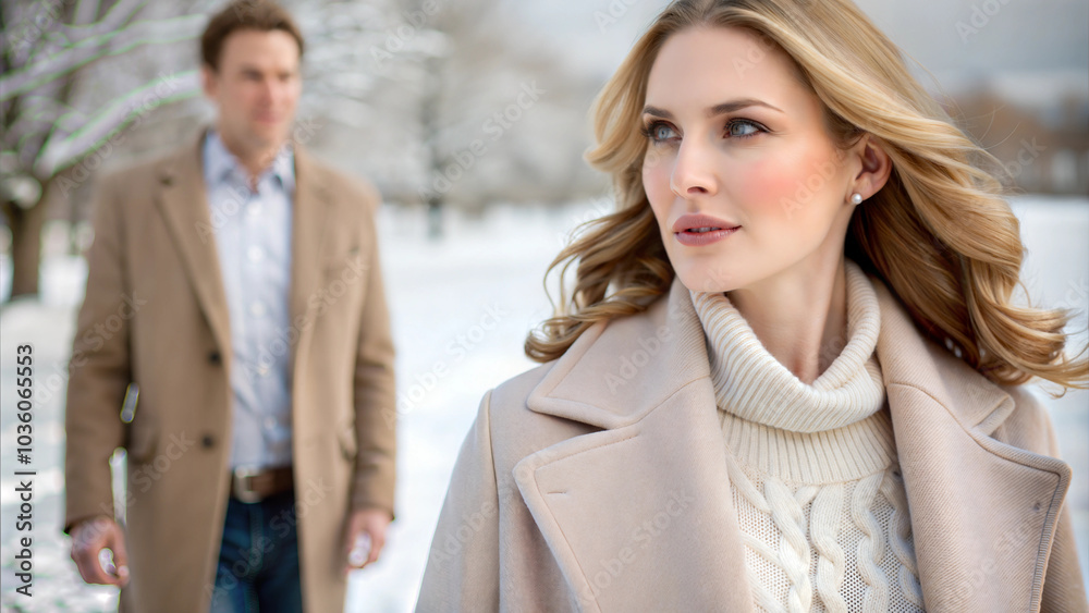 Elegant woman in beige winter coat walking down the street on a cold day Elegant woman in beige winter coat walking down the street on a cold day