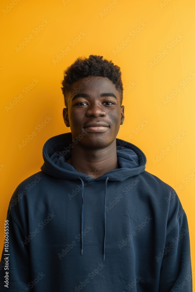 Fototapeta premium Young Man in Navy Hoodie Against Vibrant Yellow Background for Modern Portrait Photography