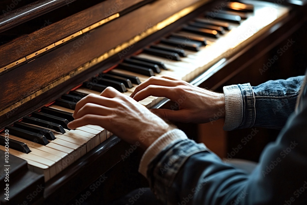Fototapeta premium Talented musician skillfully plays a vintage piano, creating a beautiful melody with passion and creativity
