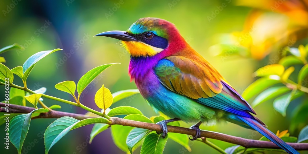 Fototapeta premium Rainbow Bee-eater Perched on Branch with Green Leaves, Bird, Nature, Wildlife