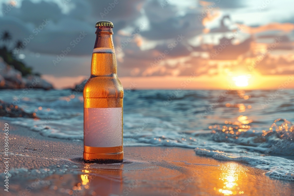 Amber beer bottle against the ocean backdrop: close-up mockup. Amber beer bottle against the ocean backdrop: close-up mockup.