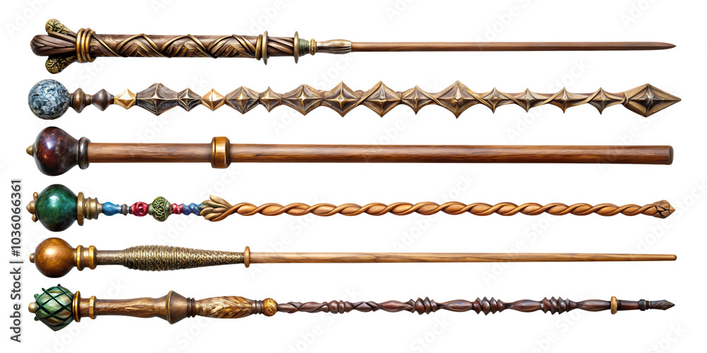 Fototapeta premium Set of magic wizard staff isolated on white background . AI GENERATED
