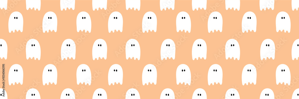 Cute Halloween background with hand drawn ghosts. Seamless pattern. Banner. Vector illustration