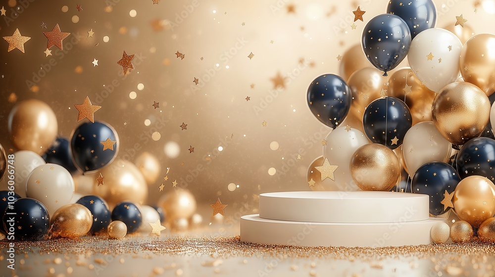 White podium with gold and navy blue balloons and stars, creating a celebratory atmosphere for product display. Soft gold background with blurred effect for added depth White podium with gold and navy blue balloons and stars, creating a celebratory atmosphere for product display. Soft gold background with blurred effect for added depth