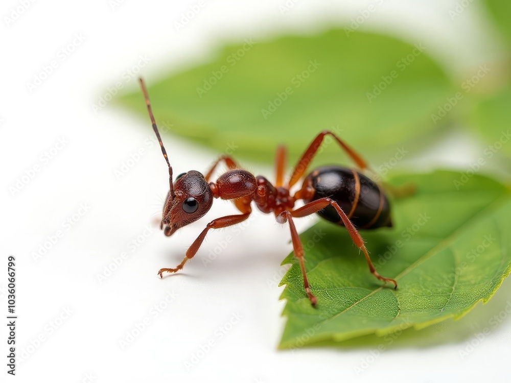 red ant on green leaf isolated on white background red ant on green leaf isolated on white background