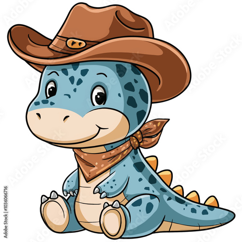 A cute, animated dinosaur with a light blue body and spotted patterns. It's adorned with a brown cowboy hat and a matching brown bandana tied
around its neck