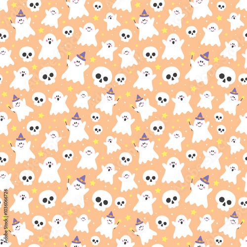 Halloween background with funny ghosts and skulls. Seamless pattern. Vector illustration