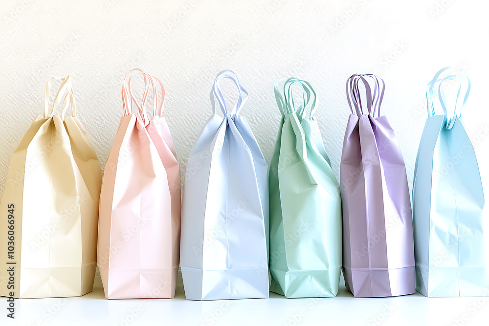 Row of six pastel shopping bags with twisted handles and copy space Row of six pastel shopping bags with twisted handles and copy space