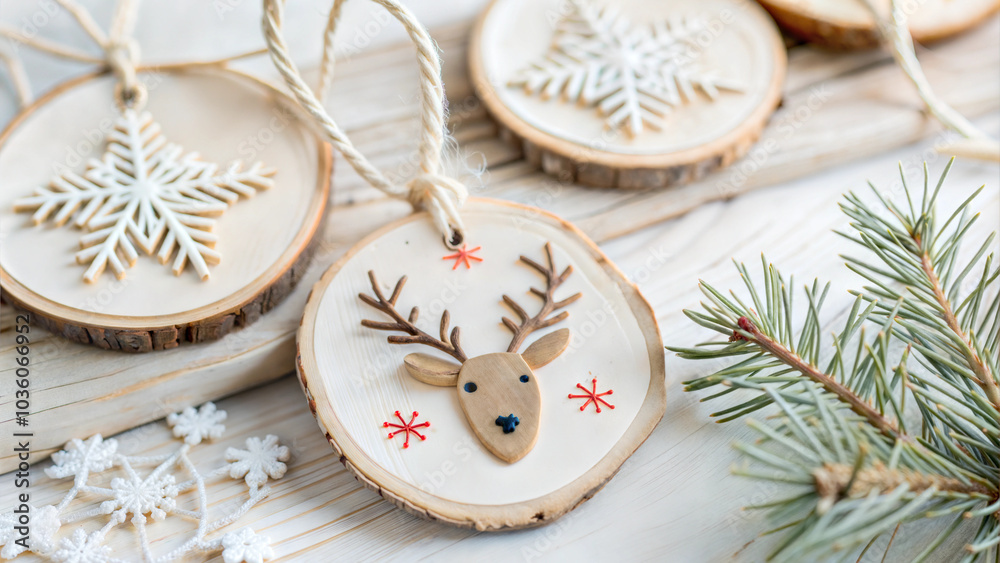 Wooden handmade Christmas ornaments with snowflake and reindeer patterns on a festive background Wooden handmade Christmas ornaments with snowflake and reindeer patterns on a festive background