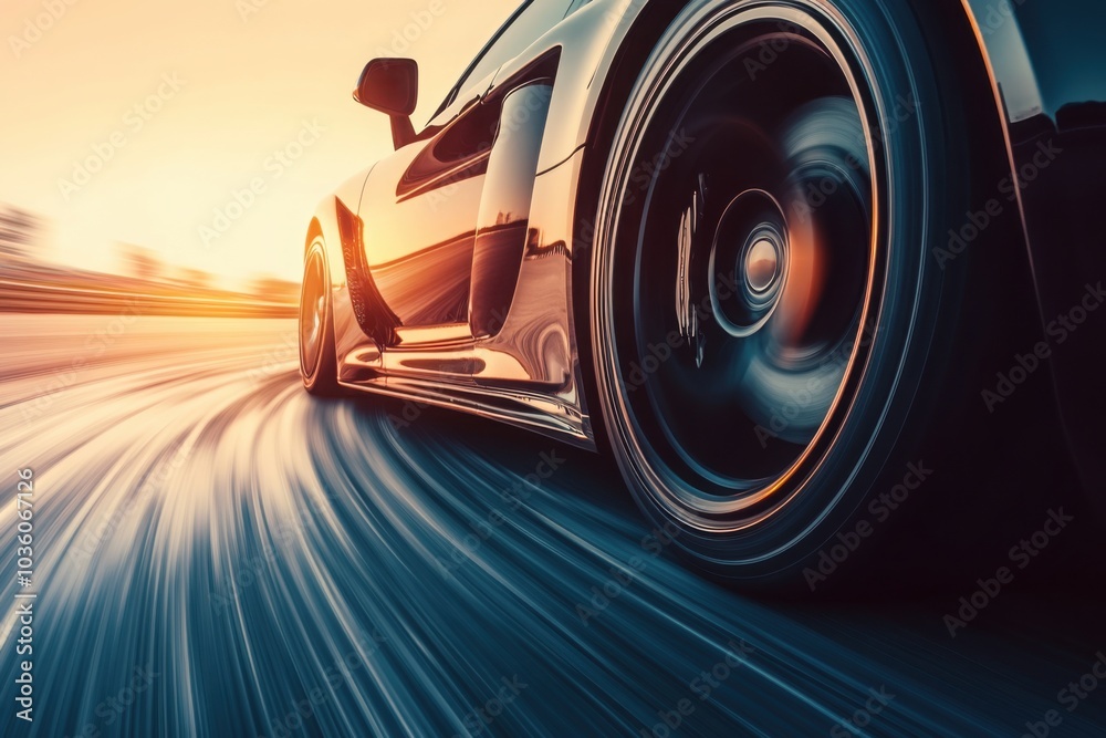 Close-Up Of Sports Car Wheel In Motion On Racing Track During Sunset Close-Up Of Sports Car Wheel In Motion On Racing Track During Sunset