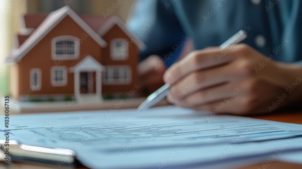 Fototapeta premium Underwriter reviewing information for mortgage. Agent checking financial documents for loan approval