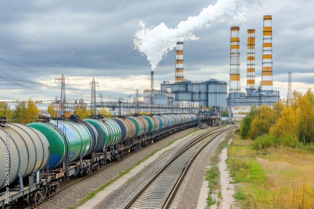 Industrial Scene with Trains and Smoke Stacks Industrial Scene with Trains and Smoke Stacks