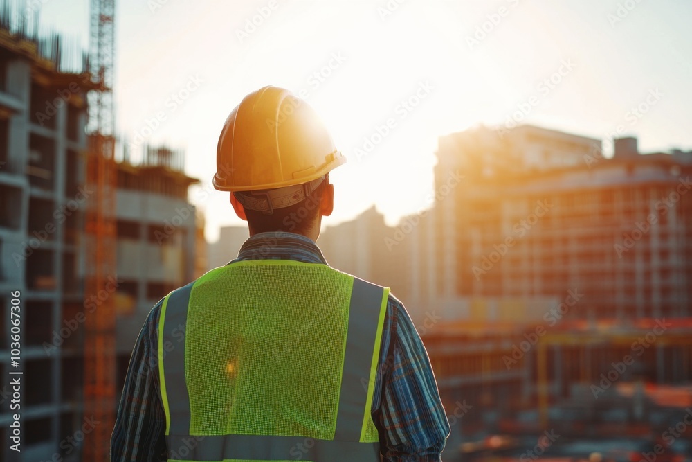 Construction Worker at Sunset on Building Site Construction Worker at Sunset on Building Site