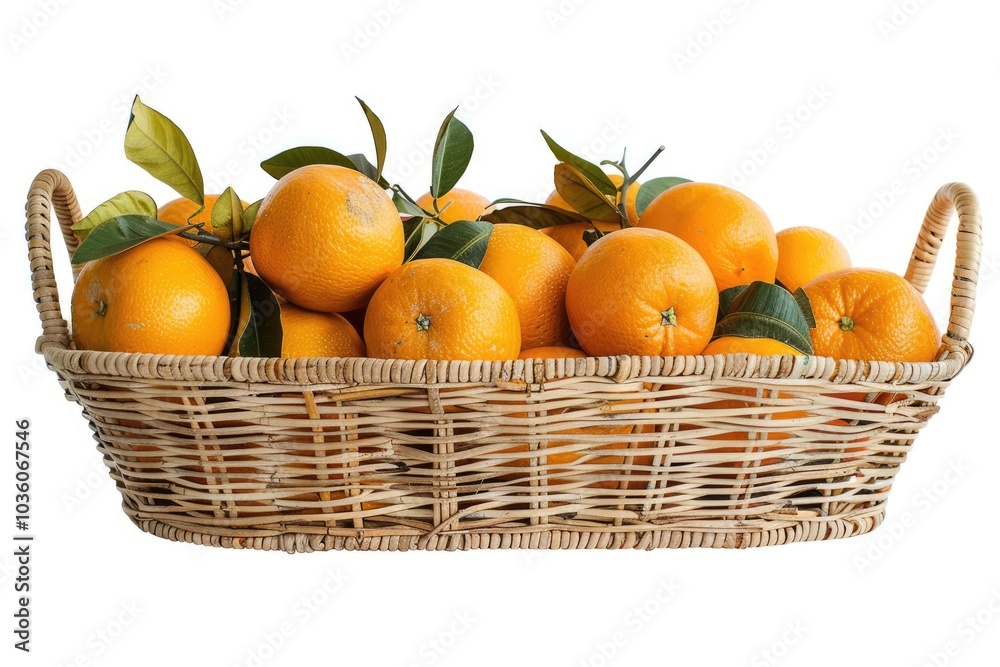 wide flat rattan basket with ripe oranges clipping isolate on a white background wide flat rattan basket with ripe oranges clipping isolate on a white background