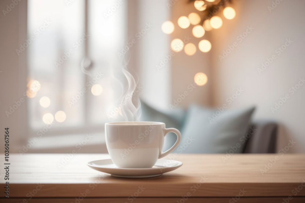 Steaming white cup of coffee or tea on table top, creating cozy calm morning atmosphere. Defocused minimalist light background with soft bokeh adds warmth and tranquility to serene, inviting scene Steaming white cup of coffee or tea on table top, creating cozy calm morning atmosphere. Defocused minimalist light background with soft bokeh adds warmth and tranquility to serene, inviting scene