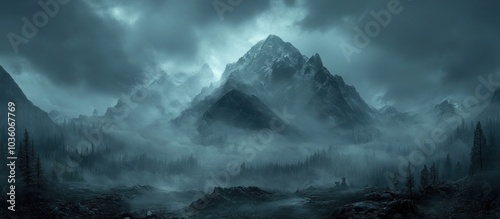 A majestic, snow-capped mountain peak rises above a misty, forested valley.