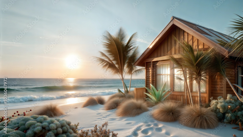 Serene tropical beach house with palm trees and ocean view during sunset in winter Serene tropical beach house with palm trees and ocean view during sunset in winter