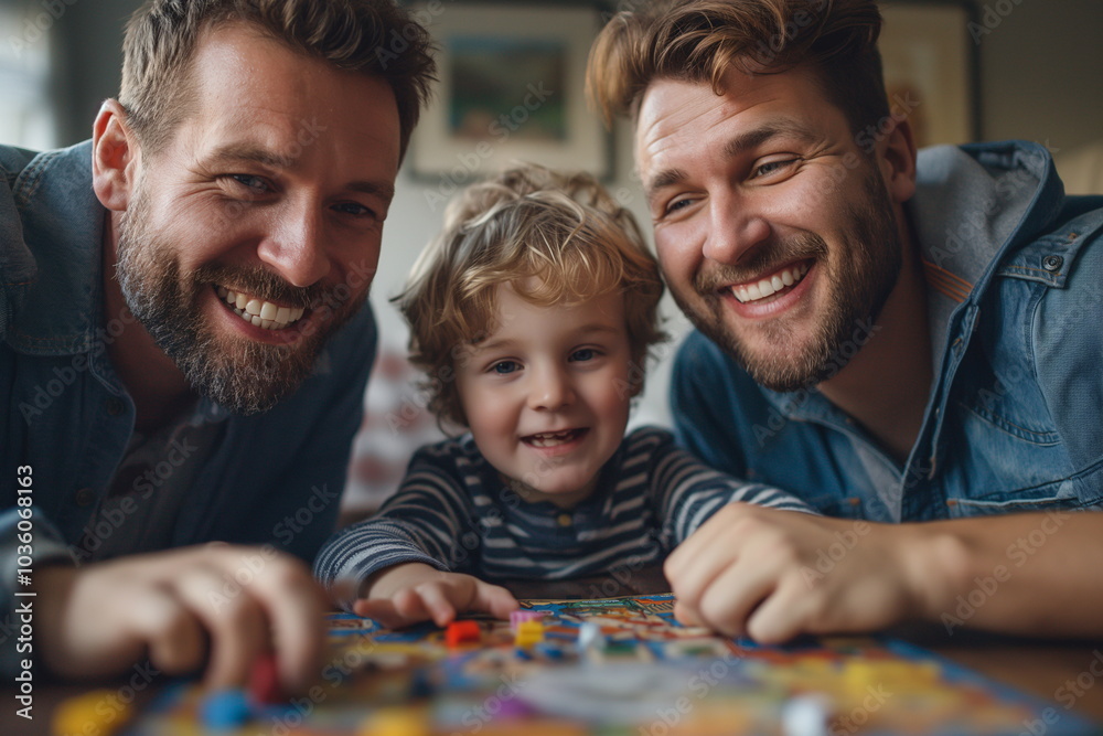 Two adults and a young child enjoy a lively board game together in a cozy living room filled with warmth and laughter. Their playful expressions highlight a joyful family moment Two adults and a young child enjoy a lively board game together in a cozy living room filled with warmth and laughter. Their playful expressions highlight a joyful family moment