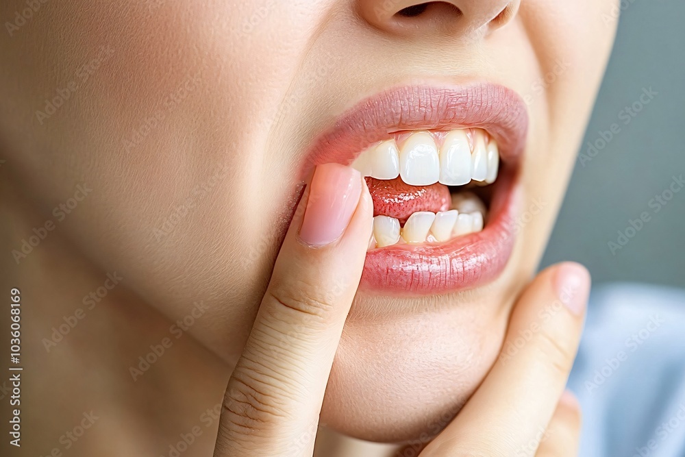Obraz premium Young woman in pain from toothache, touching cheek. Shows importance of dental care and oral hygiene. Image highlights suffering and need for treatment
