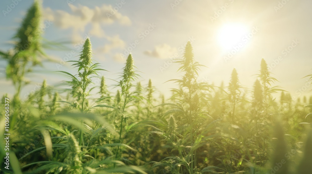 A field of marijuana plants is in full bloom, with the sun shining brightly in the background. A field of marijuana plants is in full bloom, with the sun shining brightly in the background.