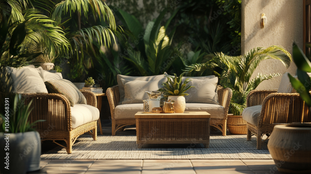 Fototapeta premium A cozy outdoor space with comfy furniture and potted plants. It includes rattan armchairs, a coffee table, a sofa, and houseplants, creating a relaxing boho vibe.