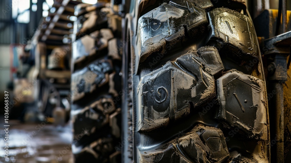 Fototapeta premium A detailed look at a forklift's tire tread and wheel hub, with textures of rubber and metal, Warehouse setting with precise elements