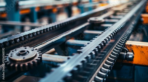 A detailed look at the conveyor belt's mechanism moving packages, with gears and belts visible, Manufacturing setting with sharp details