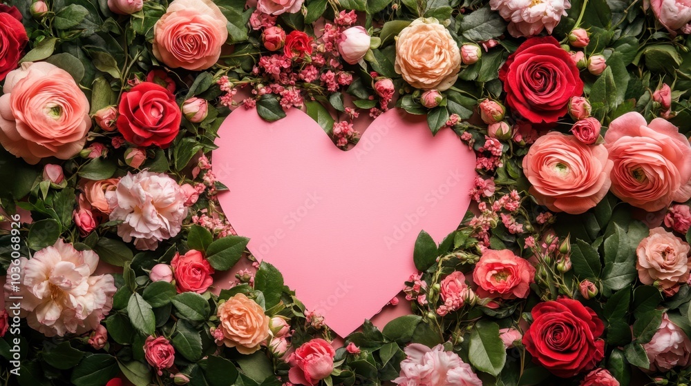 A vibrant heart-shaped backdrop created with lush roses and delicate petals for a romantic celebration in a garden setting