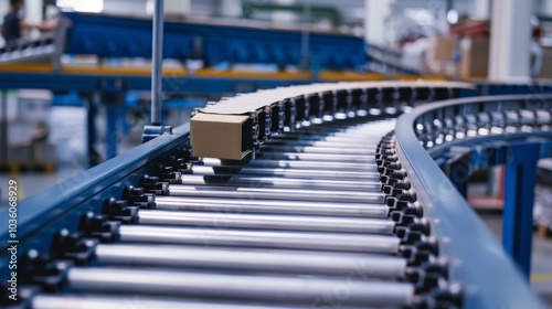 A detailed look at the conveyor belt's mechanism moving packages, with gears and belts visible, Manufacturing setting with sharp details