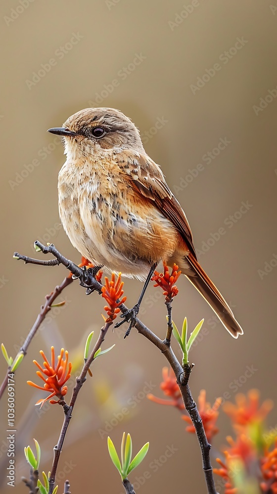 Fototapeta premium Brown bird with scarlet chin feathers perches on a tiny, curving branch AI generated art
