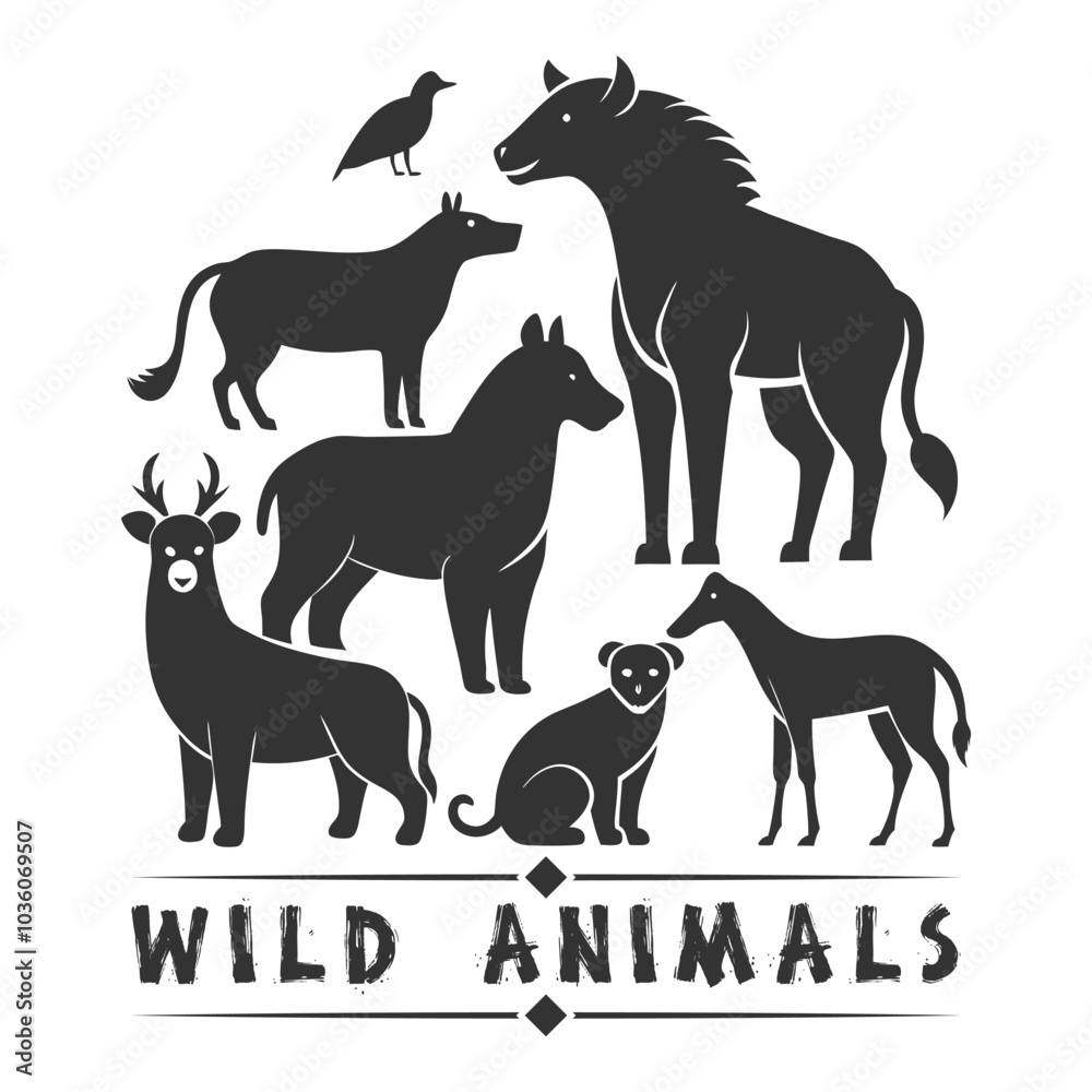Obraz premium Vector black silhouette illustration set of wild forest animals