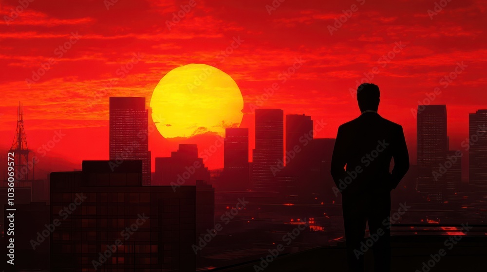 A silhouette of a businessman watching a stunning sunset over the city skyline, capturing a moment of reflection and ambition. A silhouette of a businessman watching a stunning sunset over the city skyline, capturing a moment of reflection and ambition.