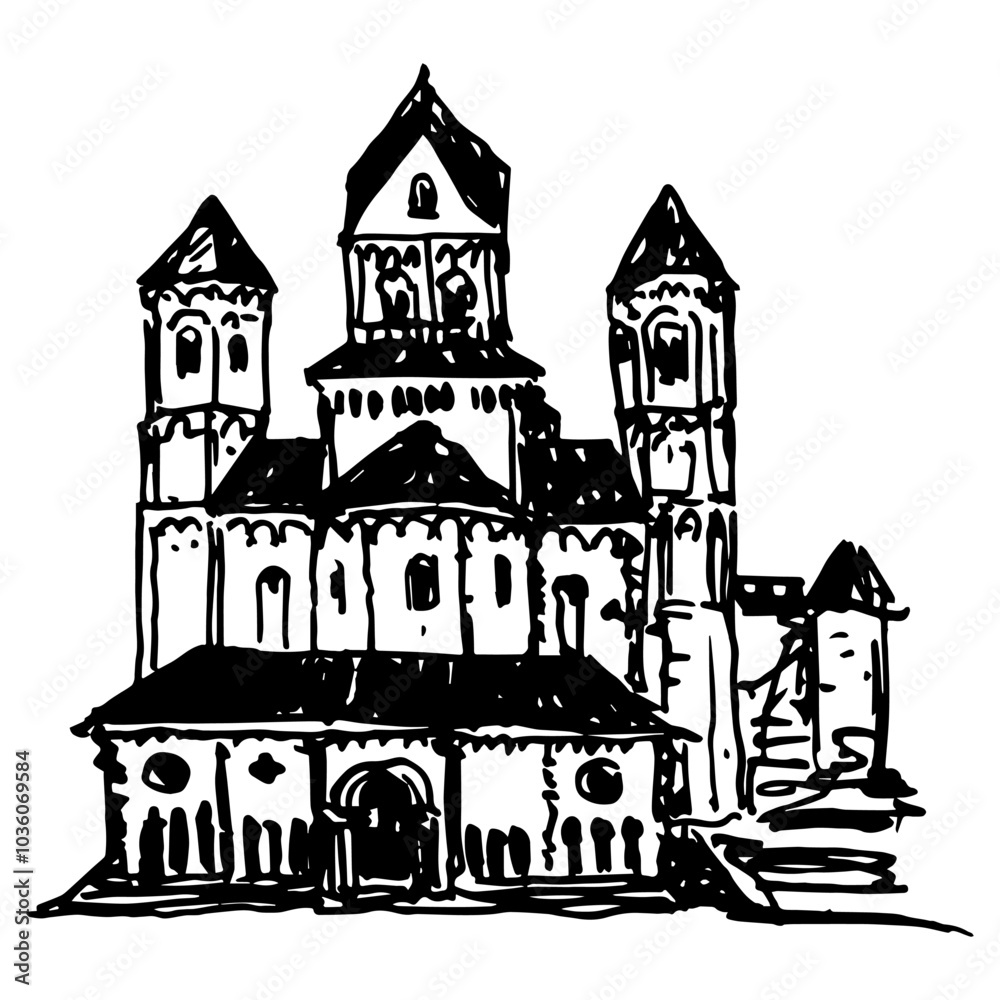 View of Maria Laach Abbey, Germany. German Romanesque architecture. Hand drawn linear doodle rough sketch. Black and white silhouette. View of Maria Laach Abbey, Germany. German Romanesque architecture. Hand drawn linear doodle rough sketch. Black and white silhouette.