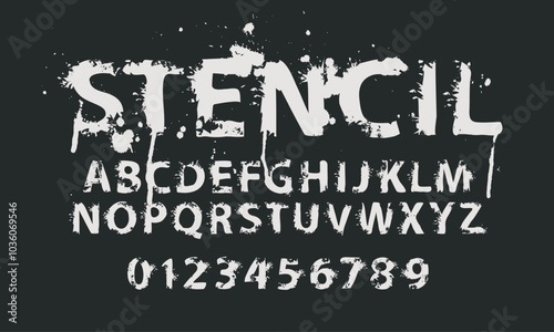 stencil grunge lettering in abstract letters with spots and drips. Vector set of alphabet letters written in white paint on black background. Spattered font