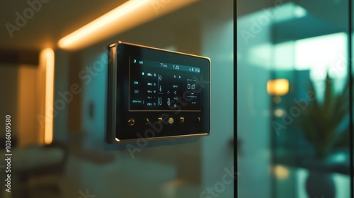 A sleek, modern control panel mounted on a contemporary wall displays various home automation options, including lighting, security, and climate control. Generative AI