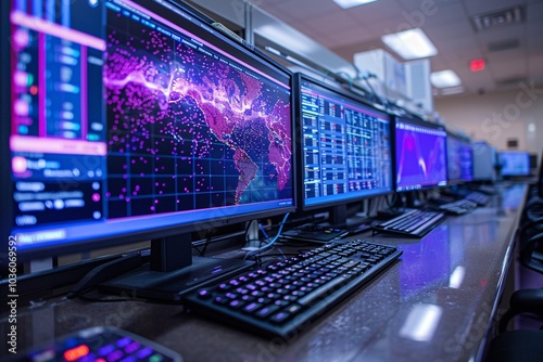 Wallpaper Mural Multiple high-resolution monitors display intricate data visualizations of global network activity in a sleek, contemporary office. The atmosphere is focused and technologically advanced Torontodigital.ca