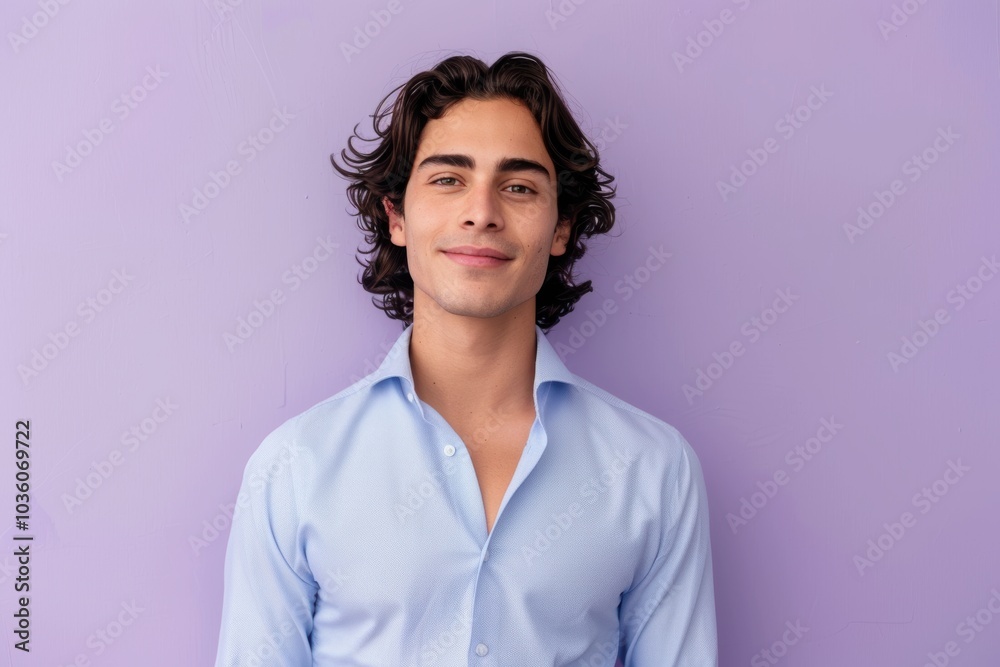 Confident Young Man in Light Blue Shirt on Lavender Background - Ideal for Portrait Design Confident Young Man in Light Blue Shirt on Lavender Background - Ideal for Portrait Design