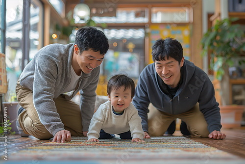 A happy baby crawls on a colorful rug, while two joyful adults kneel beside, supporting and encouraging the little one. The bright and inviting room adds to the cheerful atmosphere