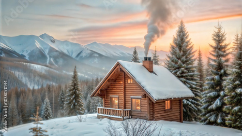 Cozy cabin with chimney smoke in snowy winter landscape surrounded by pine trees