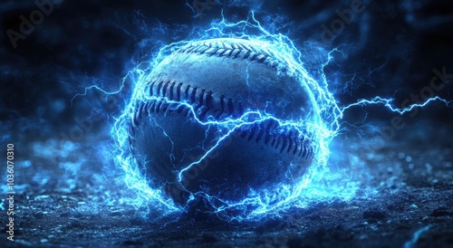 A baseball enveloped in vibrant blue lightning energy against a dark backdrop.