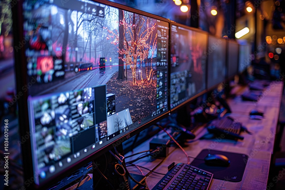 A series of computer monitors showcase illuminated urban landscapes, featuring snowy streets and twinkling lights as pedestrians walk by at dusk during a winter evening A series of computer monitors showcase illuminated urban landscapes, featuring snowy streets and twinkling lights as pedestrians walk by at dusk during a winter evening
