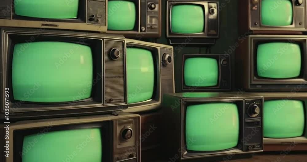 Green screen TV set animate a stack of retro vintage many  TV  arranged green screen television view huge.