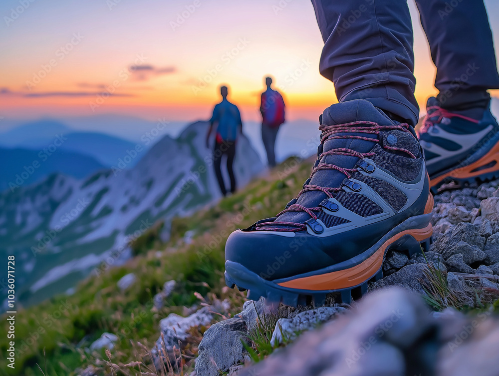 hiker boots standing on mountain peak at sunset with view of mountains and people walking away in the distance. closeup of mountaineer's foot on mountain peak. hiker boots standing on mountain peak at sunset with view of mountains and people walking away in the distance. closeup of mountaineer's foot on mountain peak.