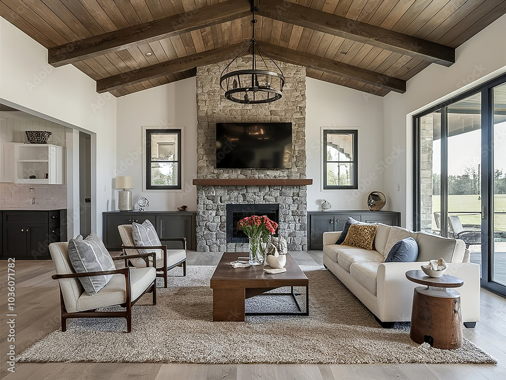 Farm house luxury style living room with a fireplace and a sconce hanging from the ceiling. Generative AI. Farm house luxury style living room with a fireplace and a sconce hanging from the ceiling. Generative AI.