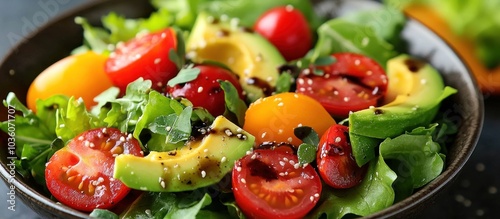 A fresh salad with avocado, cherry tomatoes, and lettuce. photo