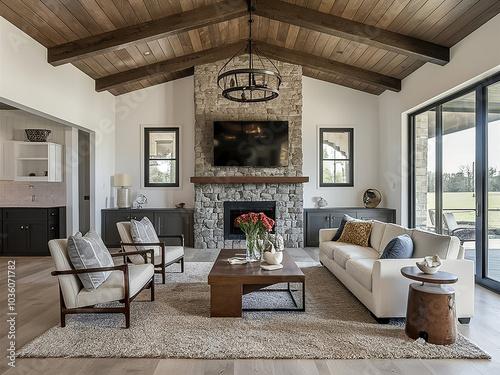 Farm house luxury style living room with a fireplace and a sconce hanging from the ceiling. Generative AI.