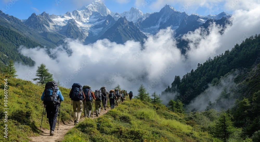 A group of hikers traverses a mountain trail with breathtaking snow-capped peaks in the distance. A group of hikers traverses a mountain trail with breathtaking snow-capped peaks in the distance.