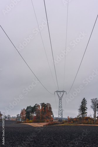 A high voltage line leading through the cultural landscape of Toten, Norway, in fall. photo