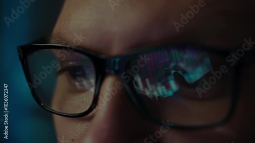 A person with glasses is intently watching a computer screen illuminated by colorful lights. The close-up emphasizes their focused expression and the glow reflecting in their eyes